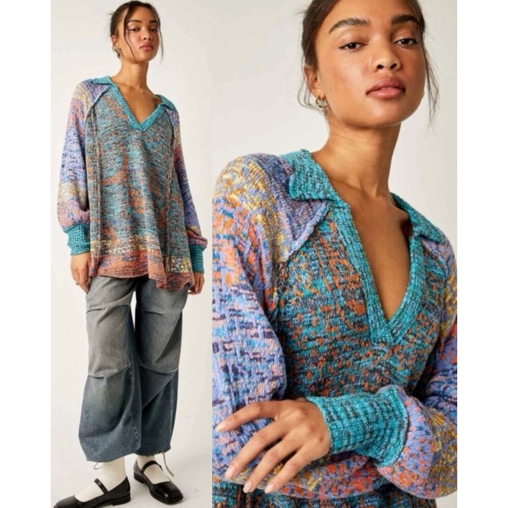 Free People Bohemian Seasons Of Sun Oversized Tunic Sweater Dress XL 70s Fall - Picture 2 of 12